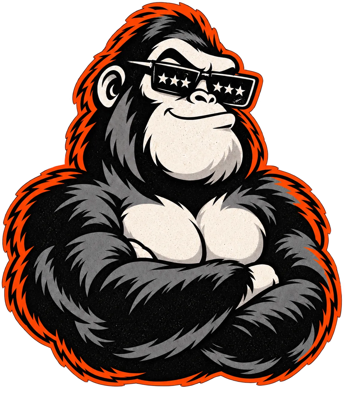 The Amplify Ape gorilla mascot in star sunglasses with arms crossed