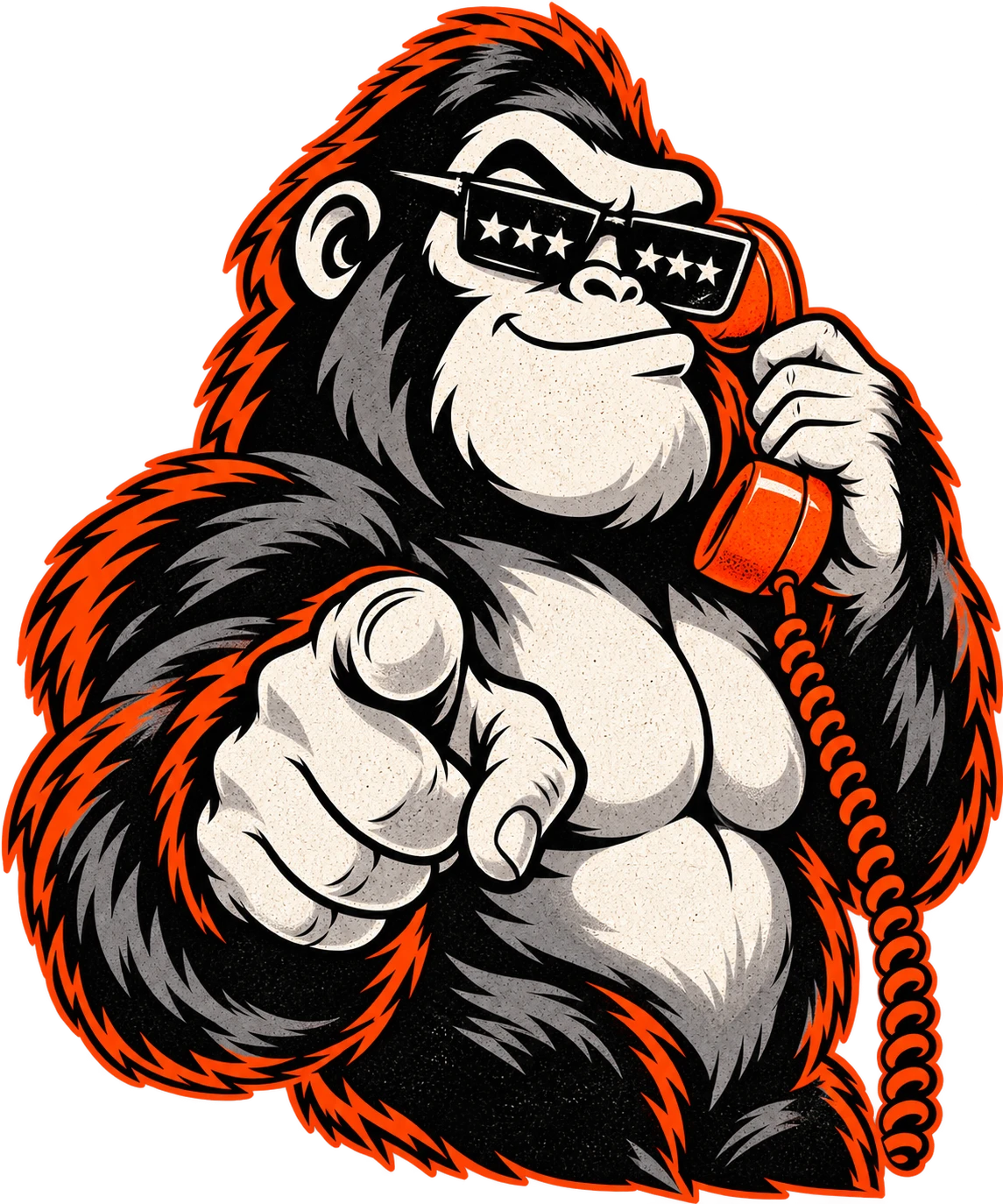 The Amplify Ape on the phone, pointing at the promises