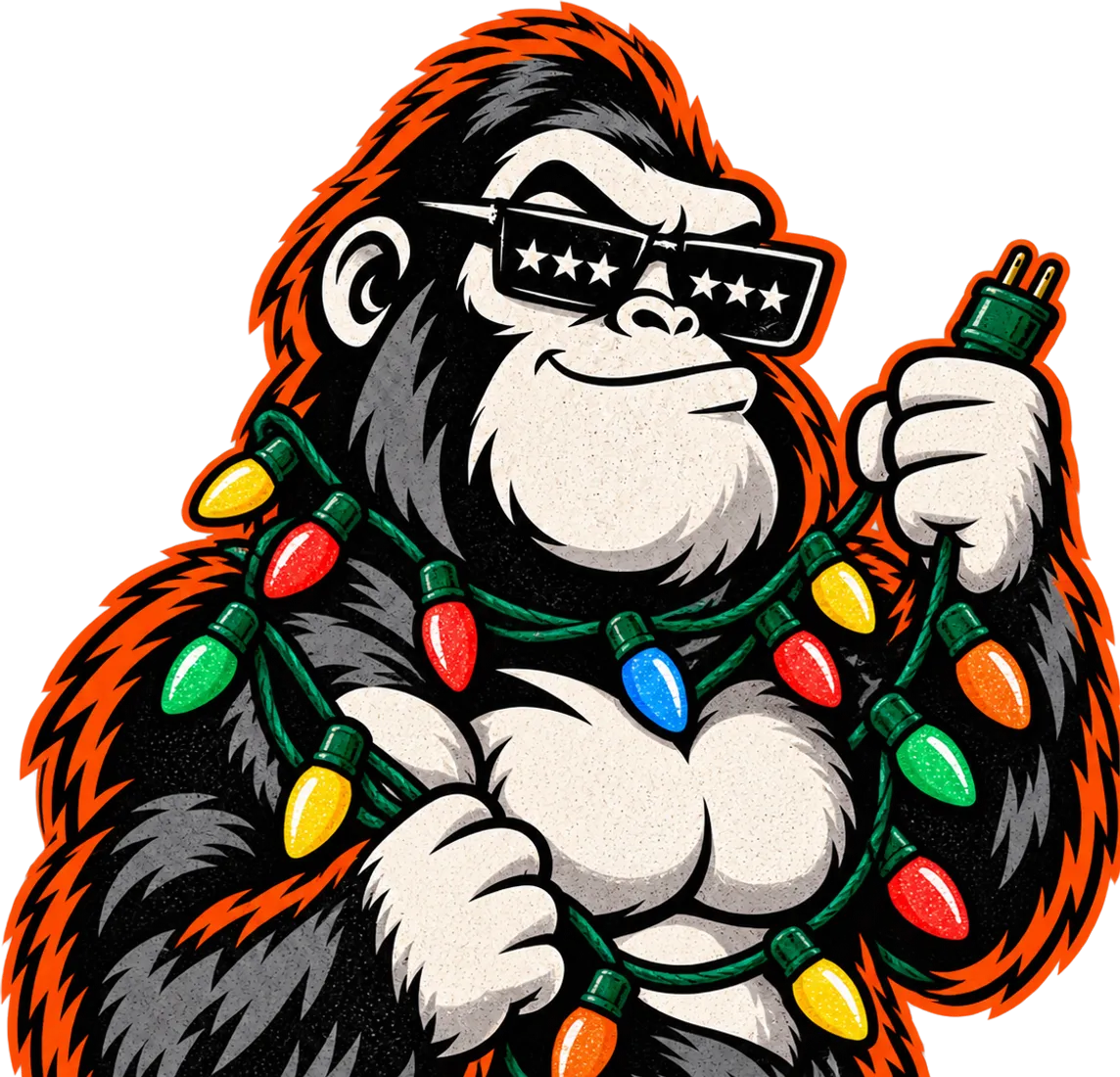 The Amplify Ape mascot with colorful string lights draped around his shoulders, holding up the plug