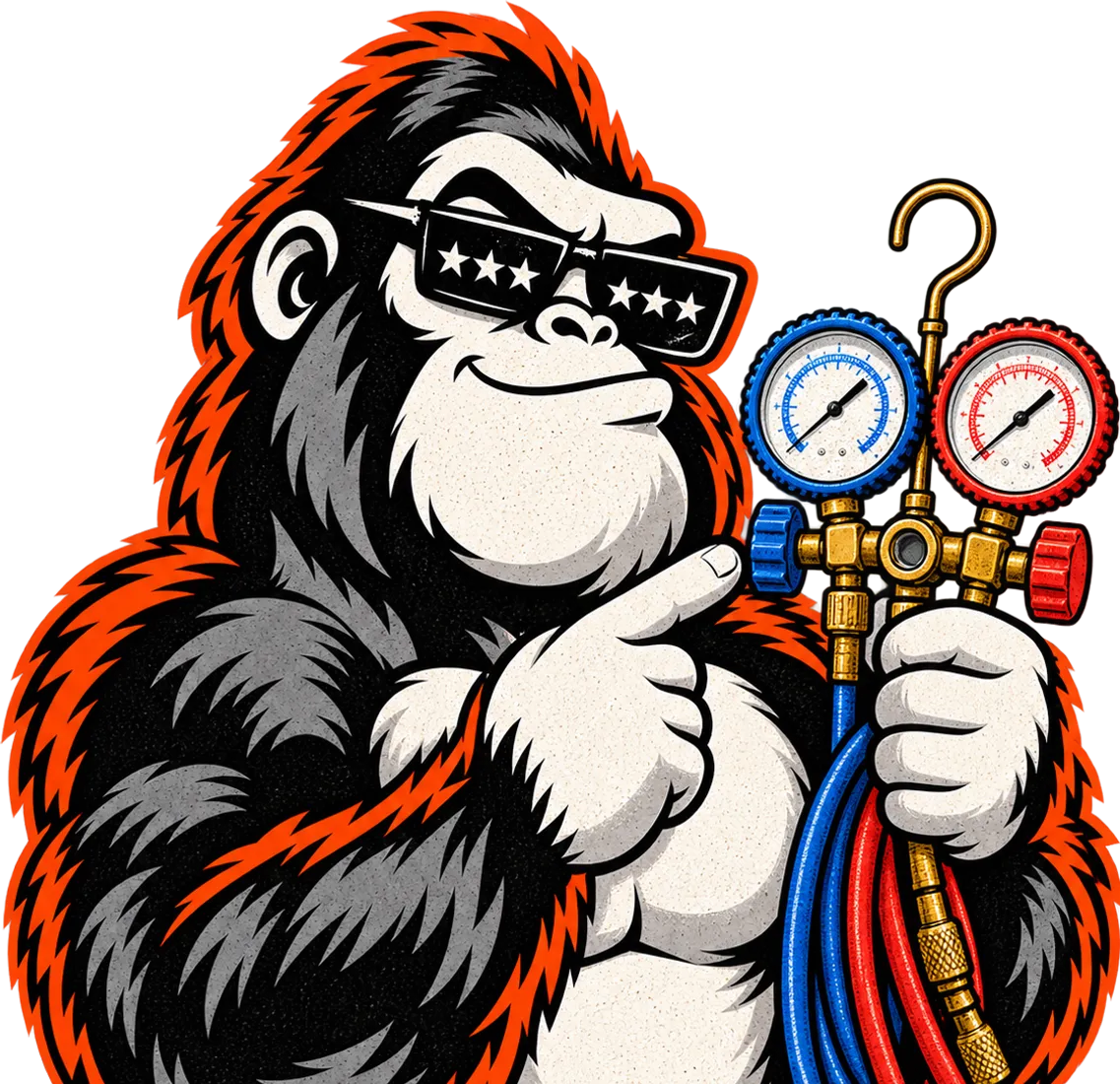The Amplify Ape mascot holding an HVAC manifold gauge set and tapping the gauge