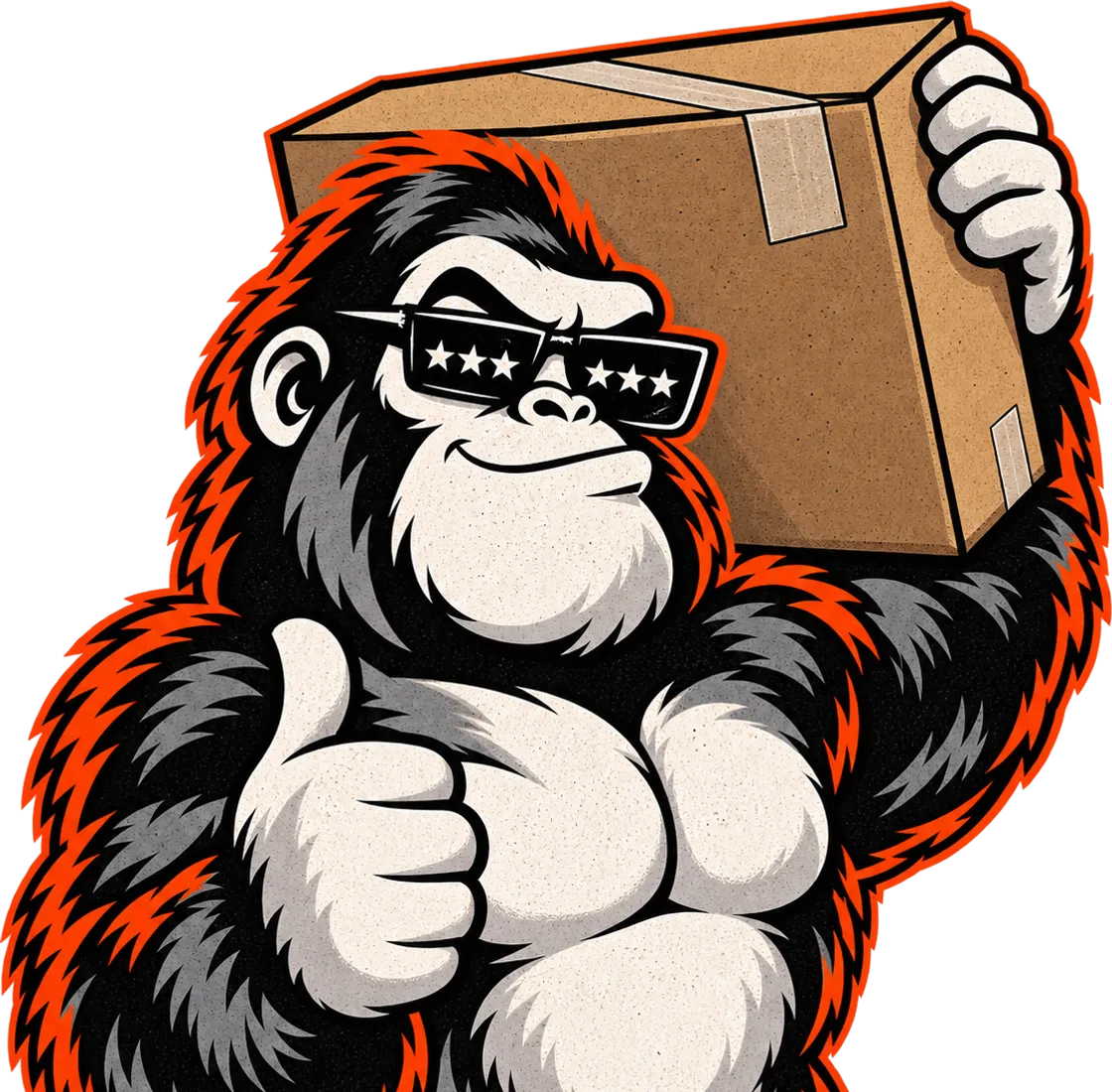 The Amplify Ape mascot carrying a big taped cardboard box on his shoulder and giving a thumbs-up