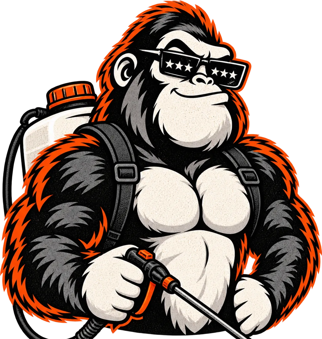 The Amplify Ape mascot wearing a pump sprayer tank and pointing the wand, hand on his hip