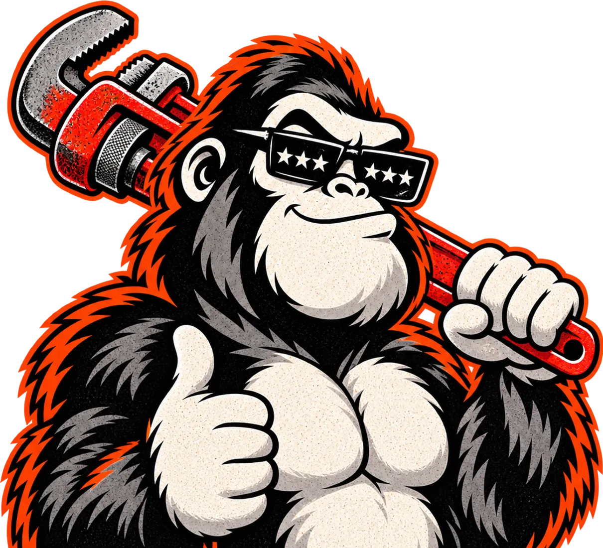 The Amplify Ape mascot resting a red pipe wrench on his shoulder and giving a thumbs-up