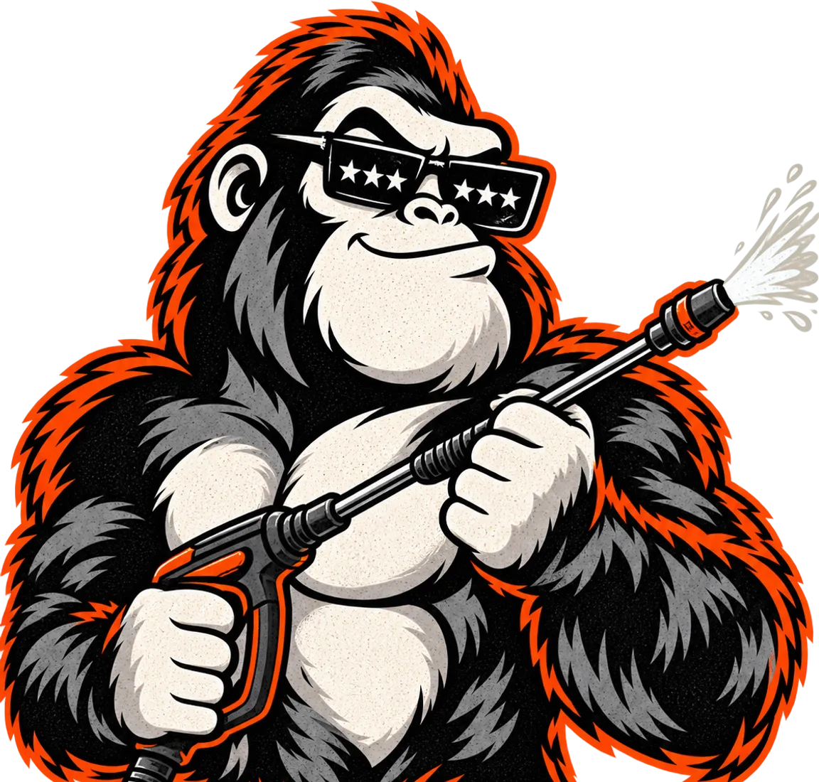 The Amplify Ape mascot gripping a pressure washer wand with a burst of spray from the tip